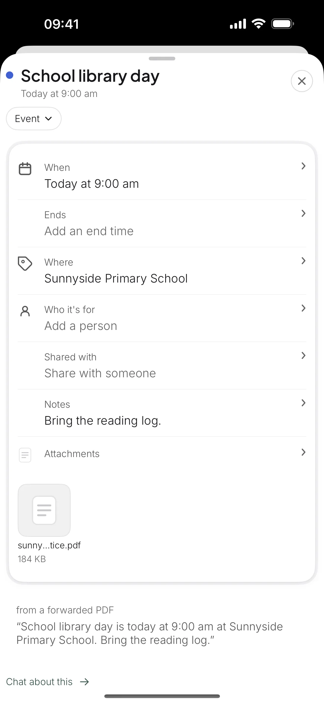 Origami showing School library day, the time, school location, reading log instruction and attached source.