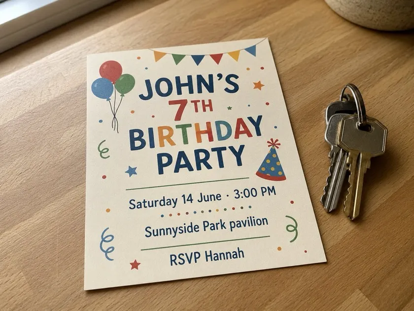 Invitation for John's seventh birthday, Saturday, June 14 at 3:00 PM at Sunnyside Park pavilion.