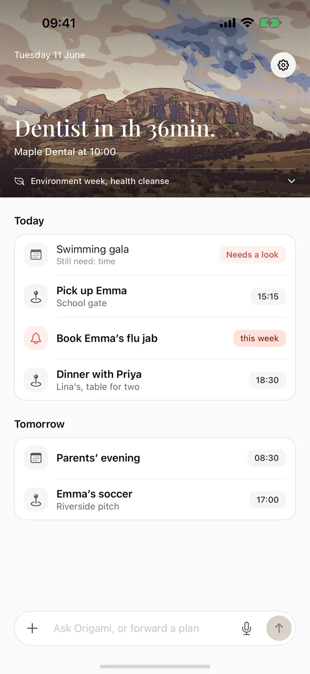 The origami timeline: your day laid out for you, filled in from what you forwarded